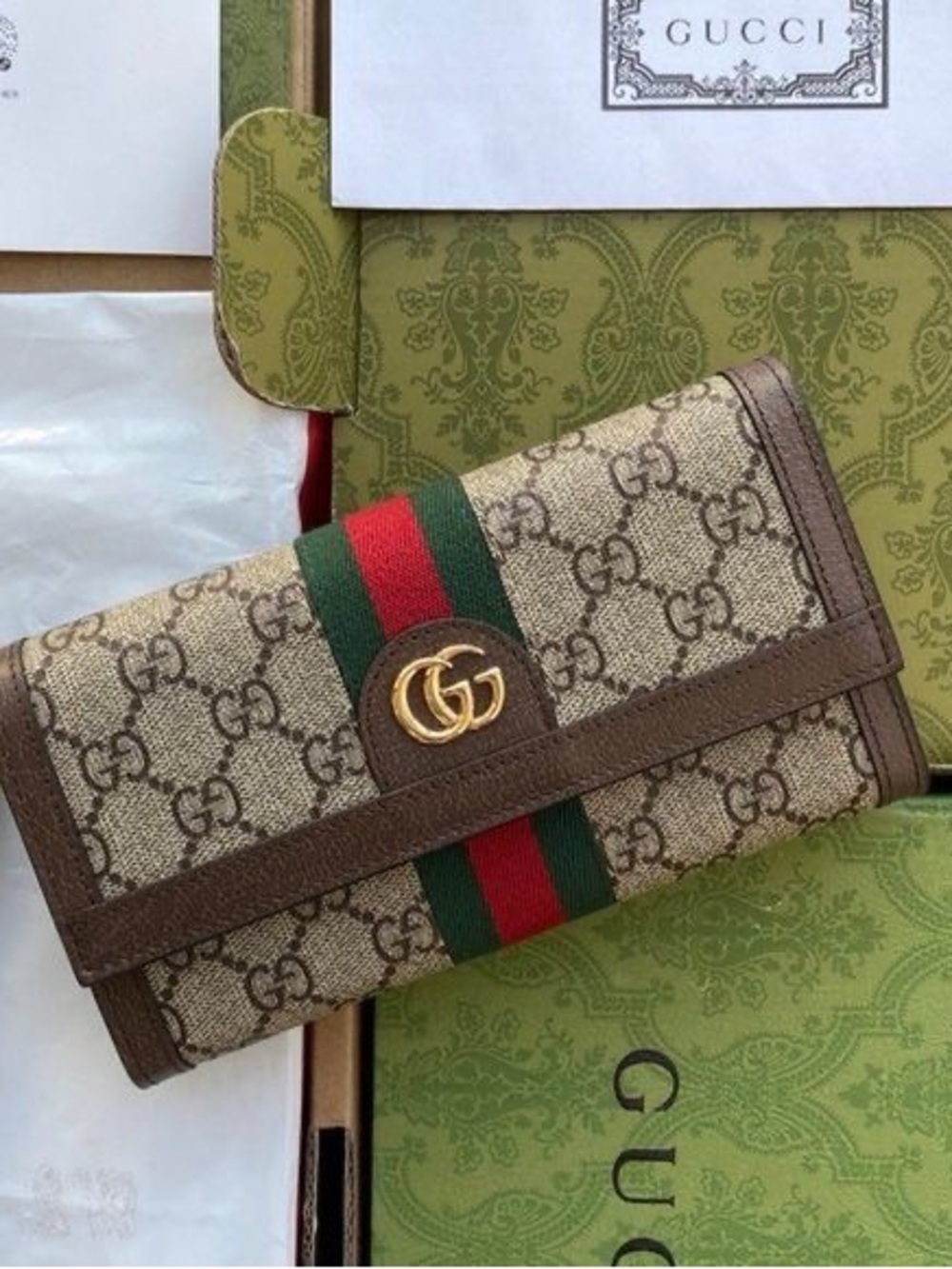Gucci Brown GG Canvas Continental Wallet with Red and Green Web